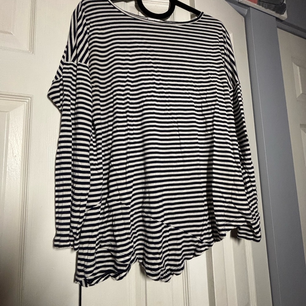 CAbi Navy and White Striped Asymmetrical Top